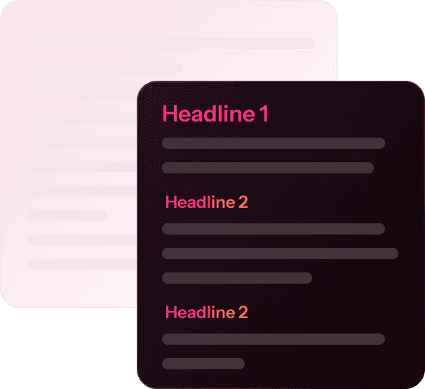 Two stylized documents overlap; the front dark document highlights "Headline 1" in pink and two orange "Headline 2" labels with text lines, illustrating effective on-page SEO elements.