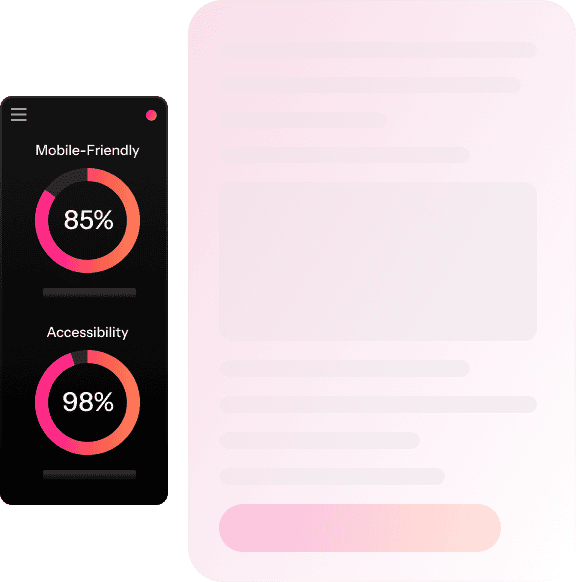 A dashboard displays two circular progress charts—Mobile-Friendly at 85% and Accessibility at 98%—highlighting on-page SEO strengths, beside a blurred document background.