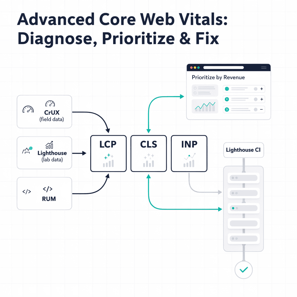 Flowchart illustrating the process of diagnosing, prioritizing, and fixing Core Web Vitals (LCP, CLS, INP) using CrUX, Lighthouse, RUM data, and Lighthouse CI, with prioritization by revenue.
