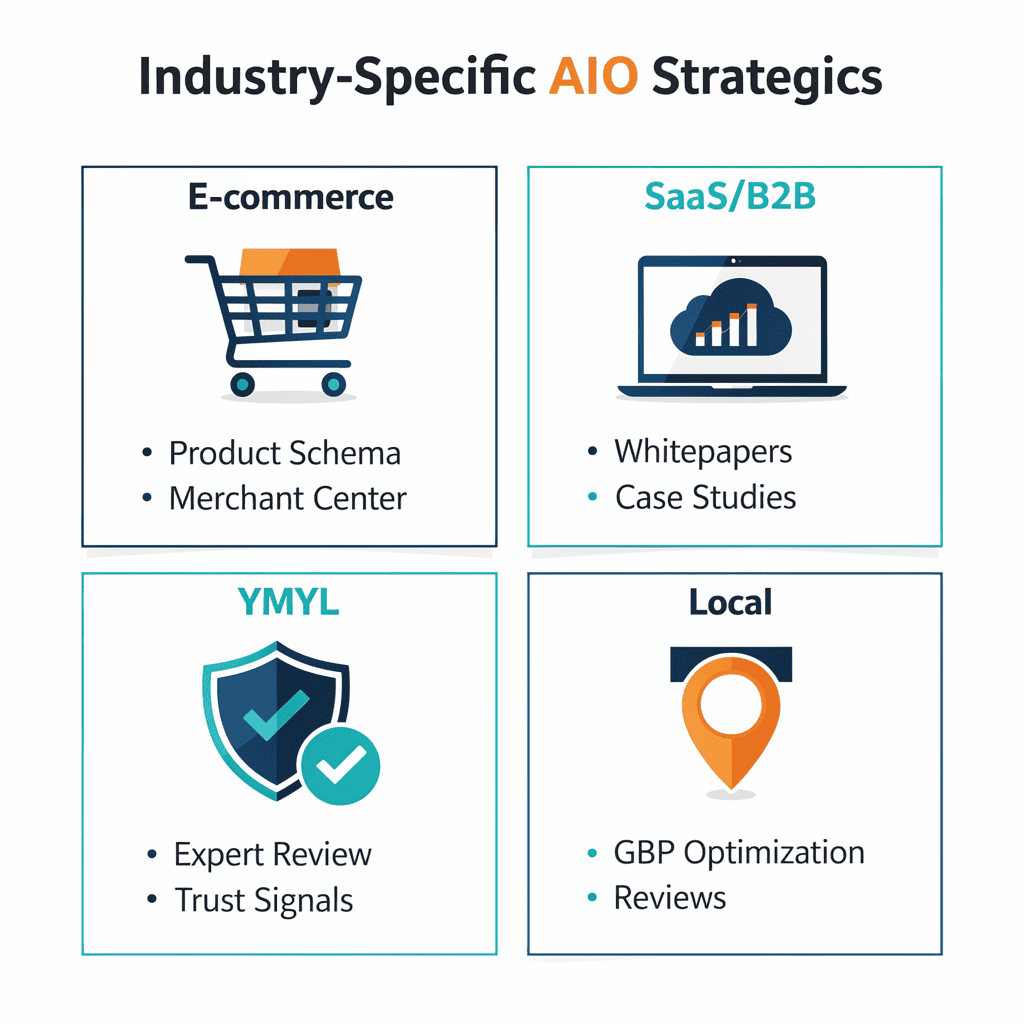 A graphic titled "Industry-Specific AIO Strategics" shows strategies for E-commerce, SaaS/B2B, YMYL, and Local, each with icons and brief bullet points.