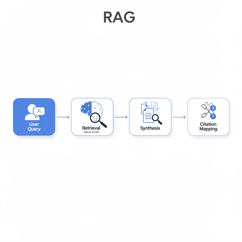 A flowchart illustrating the RAG process and AI Overviews Optimization: User Query, Retrieval, Synthesis, and Citation Mapping, each shown as connected labeled boxes with icons.