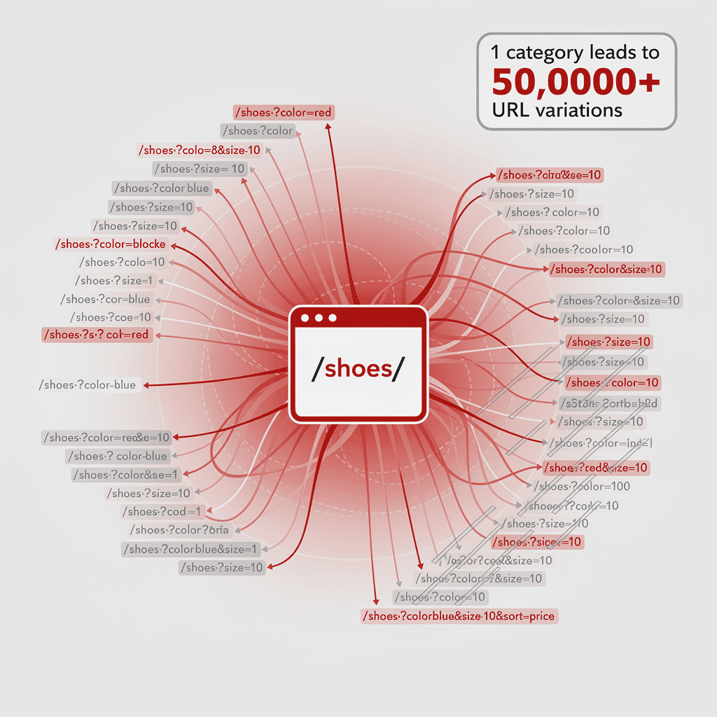 A central /shoes/ URL branches out to many variations, illustrating how one category can generate over 50,000 different URLs—highlighting the importance of Crawl Budget Optimization.