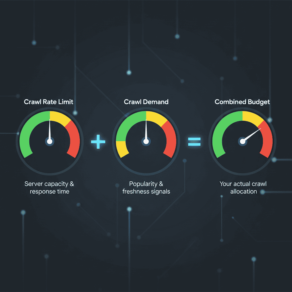 A digital graphic shows three gauges labeled Crawl Rate Limit, Crawl Demand, and Combined Budget, illustrating how server capacity and demand influence Crawl Budget Optimization and allocation.