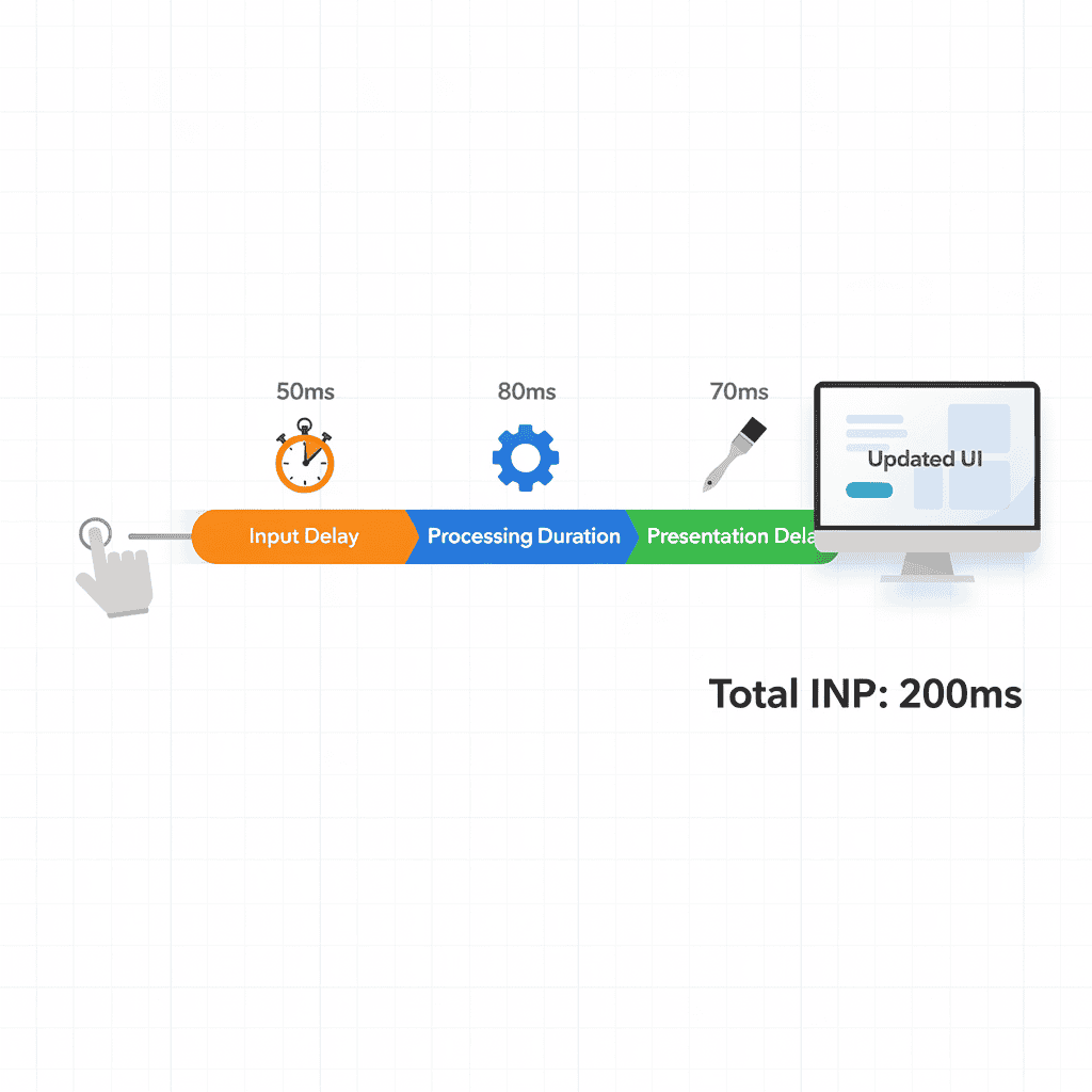 A three-stage timeline showing input delay (50ms), processing duration (80ms), and presentation delay (70ms)—totaling 200ms—illustrates the path to updated UI and highlights areas for Interaction to Next Paint (INP) Optimization.