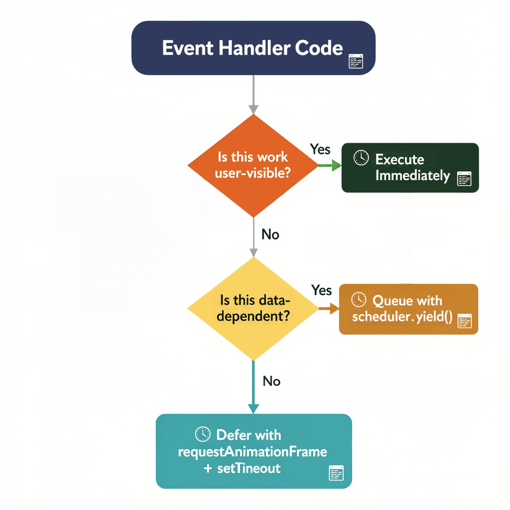 Flowchart showing event handler code execution based on user visibility and data dependency, with three decision branches for handling timing and scheduling to support Interaction to Next Paint (INP) Optimization.