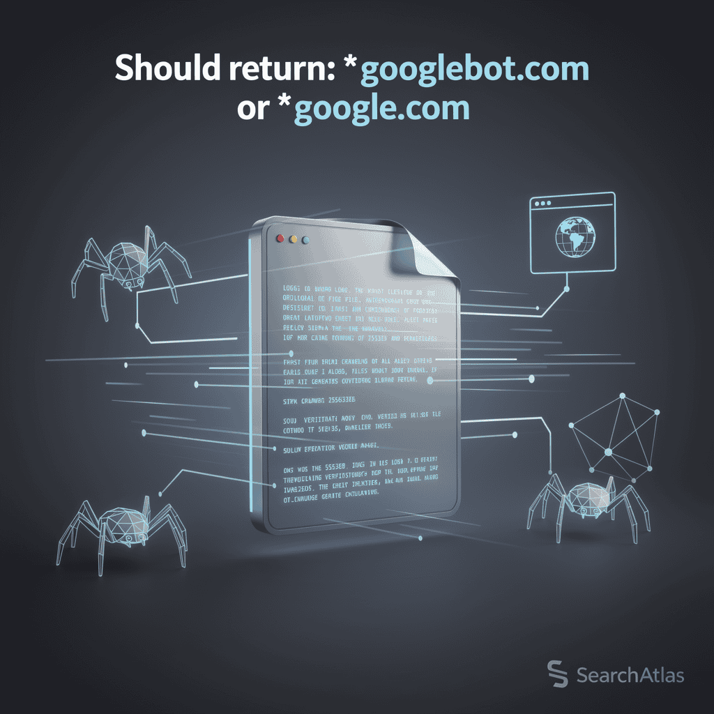 A digital illustration shows code on a screen surrounded by spider-like bots and network icons, with the text "Should return: *googlebot.com or *google.com" at the top.