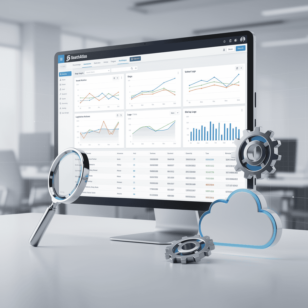 A computer monitor displays data analytics dashboards with charts and graphs; a magnifying glass, cloud, and gears sit in the foreground, suggesting analysis and cloud computing.