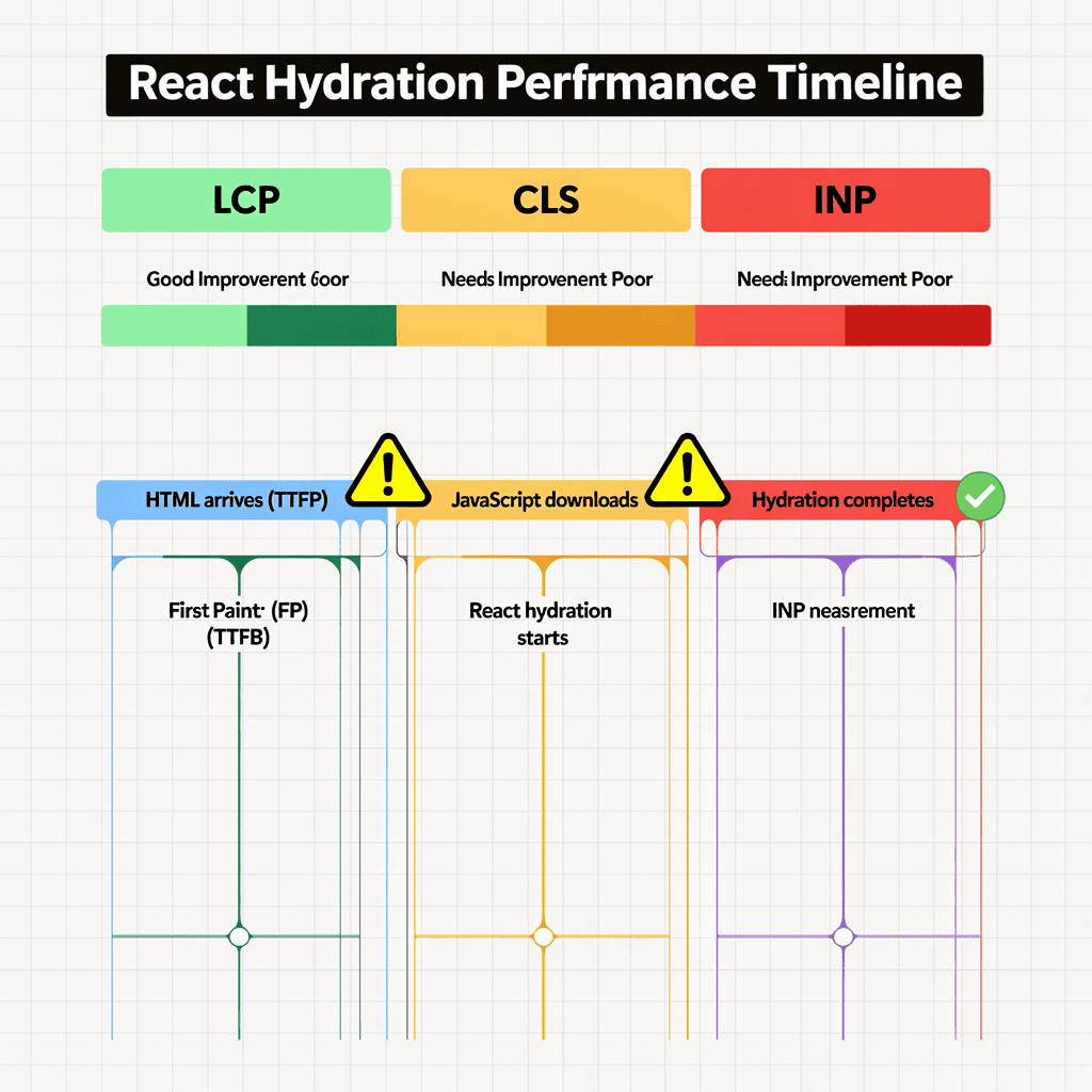React Hydration Performance Timeline chart for SEO for React Applications, displaying LCP, CLS, INP metrics with labeled stages: HTML arrives, JavaScript downloads, hydration starts, and hydration completes.