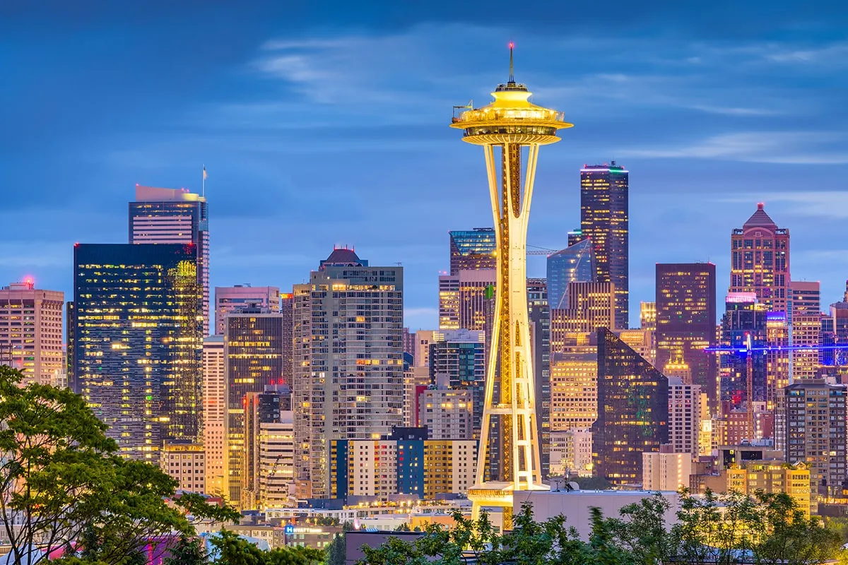 Seattle skyline at dusk, offering a serene and picturesque view.