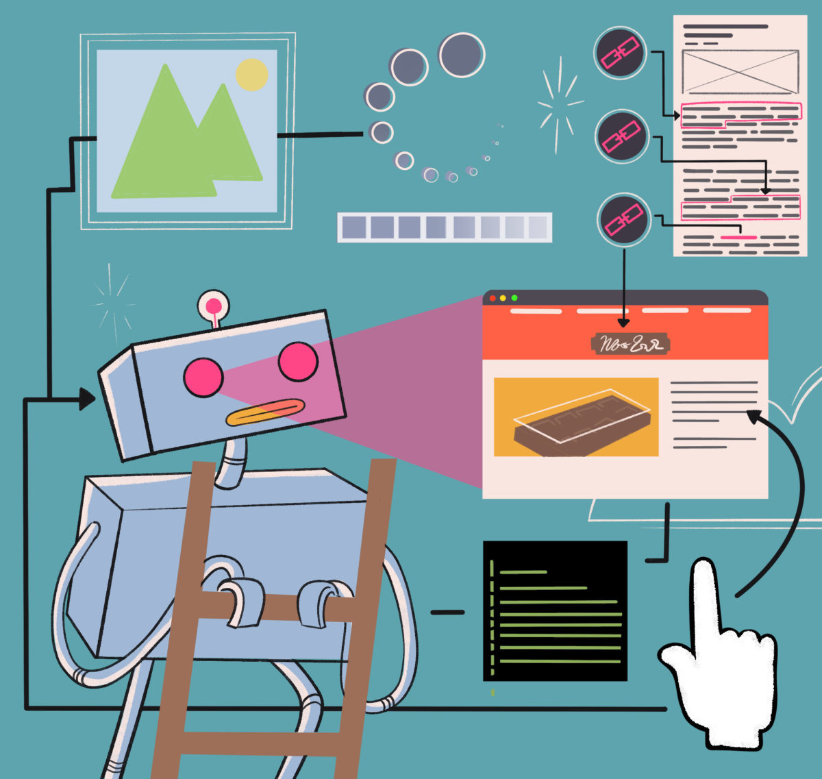 An illustration of a robot analyzing and processing various types of data and digital content.