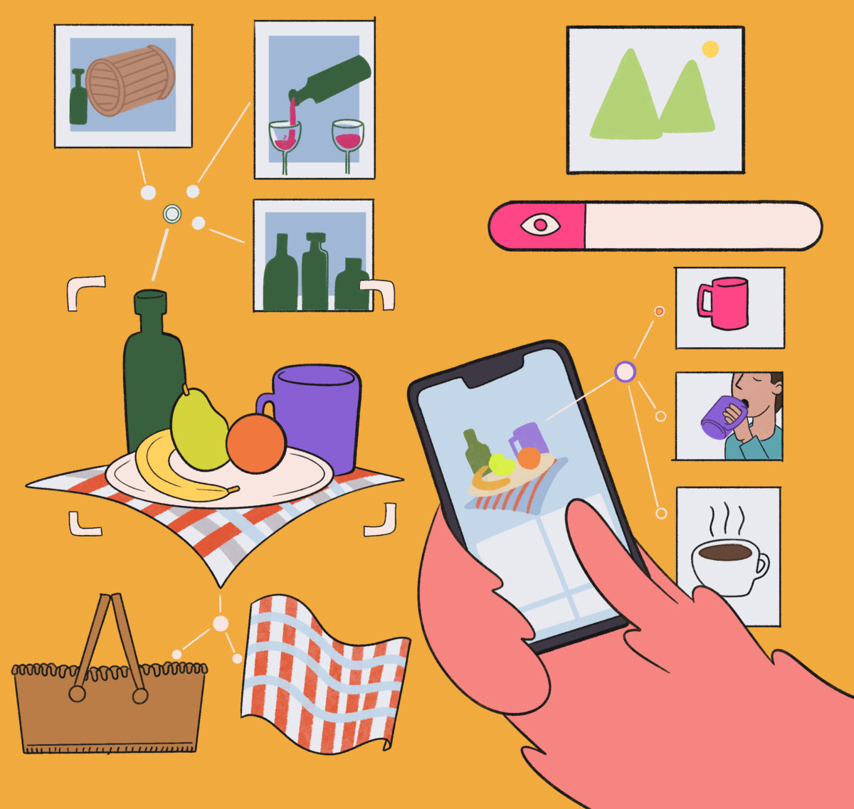 A hand holding a smartphone against a backdrop of illustrated household items and leisure activities.