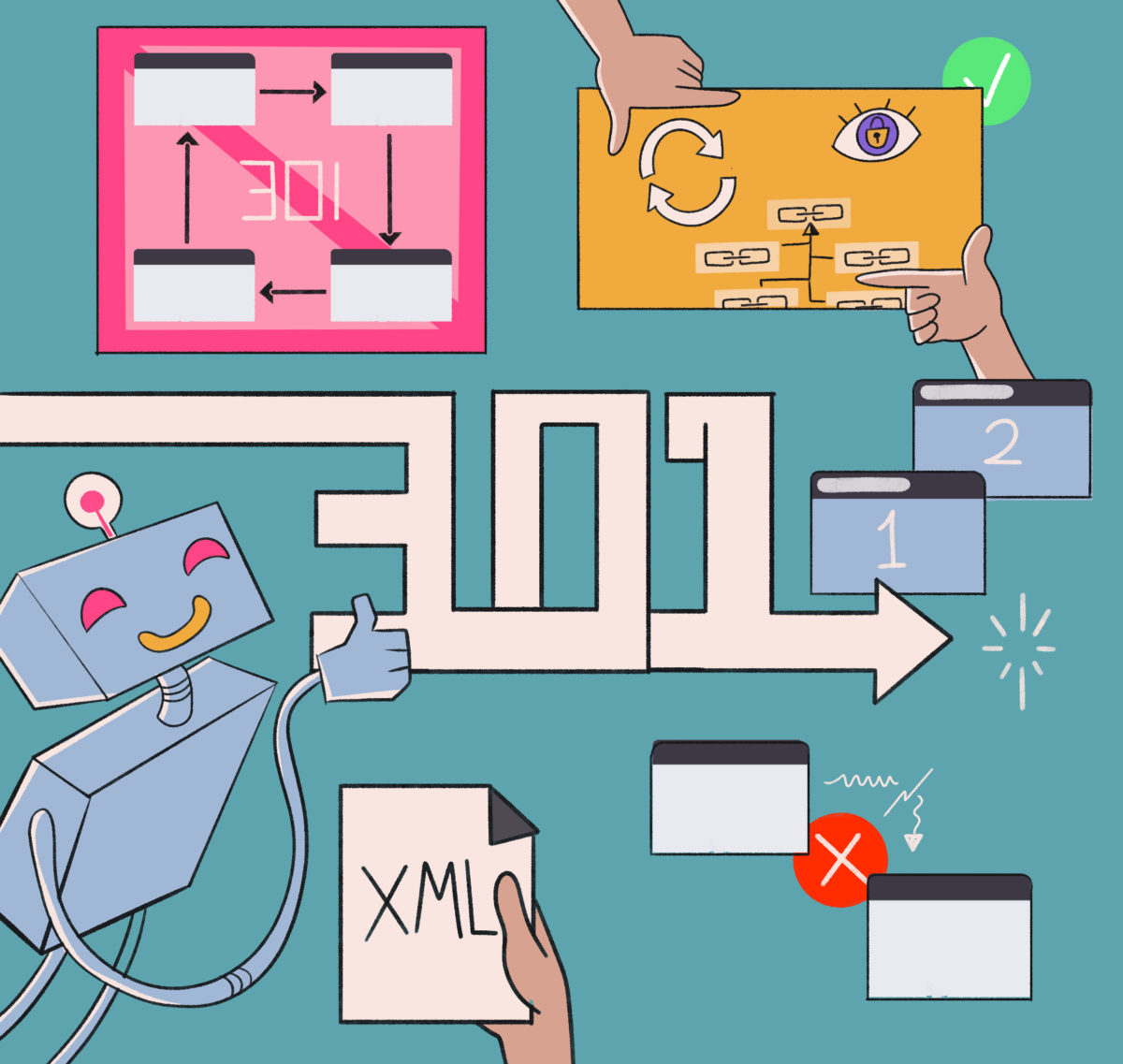 A whimsical illustration of a robot participating in a process flow that includes puzzle assembly, decision-making, and data handling.