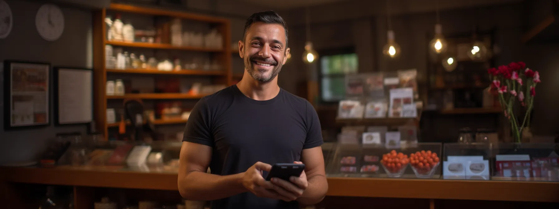 a shop owner smiling and holding a tablet with multiple positive google reviews displayed.