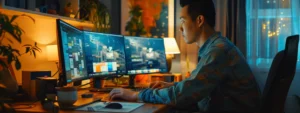 A person works at a desk with dual monitors displaying graphic design projects, surrounded by plants and office items in a dimly lit room.