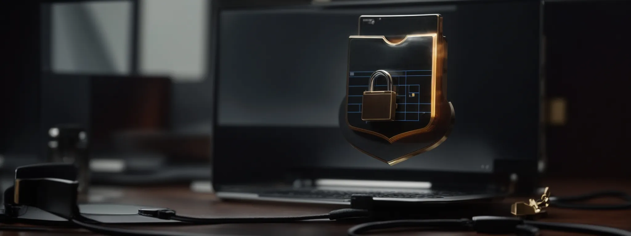 a laptop with a shield icon on the screen surrounded by a padlock, a copyright symbol, and a magnifying glass, symbolizing online content protection.