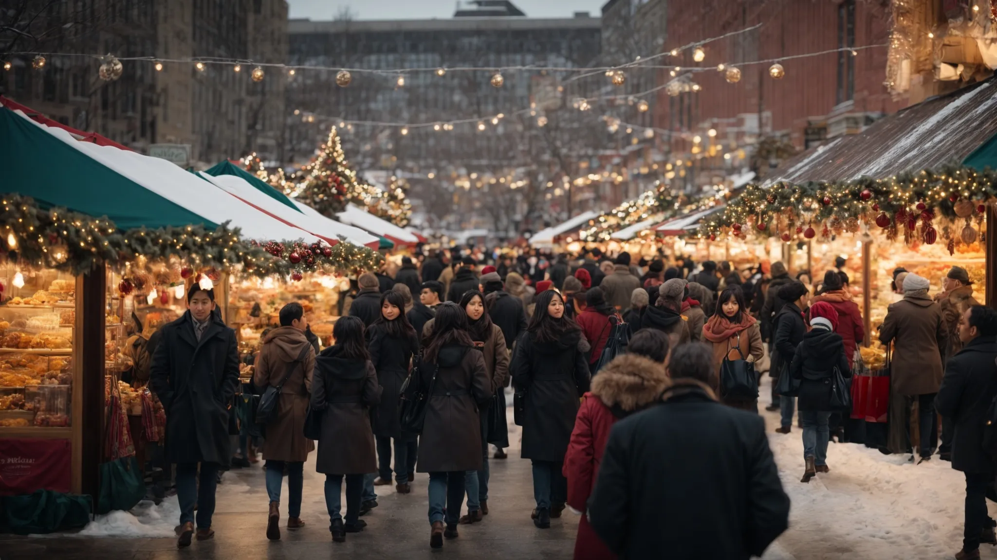 a bustling holiday market scene with shoppers interacting with festive storefronts.