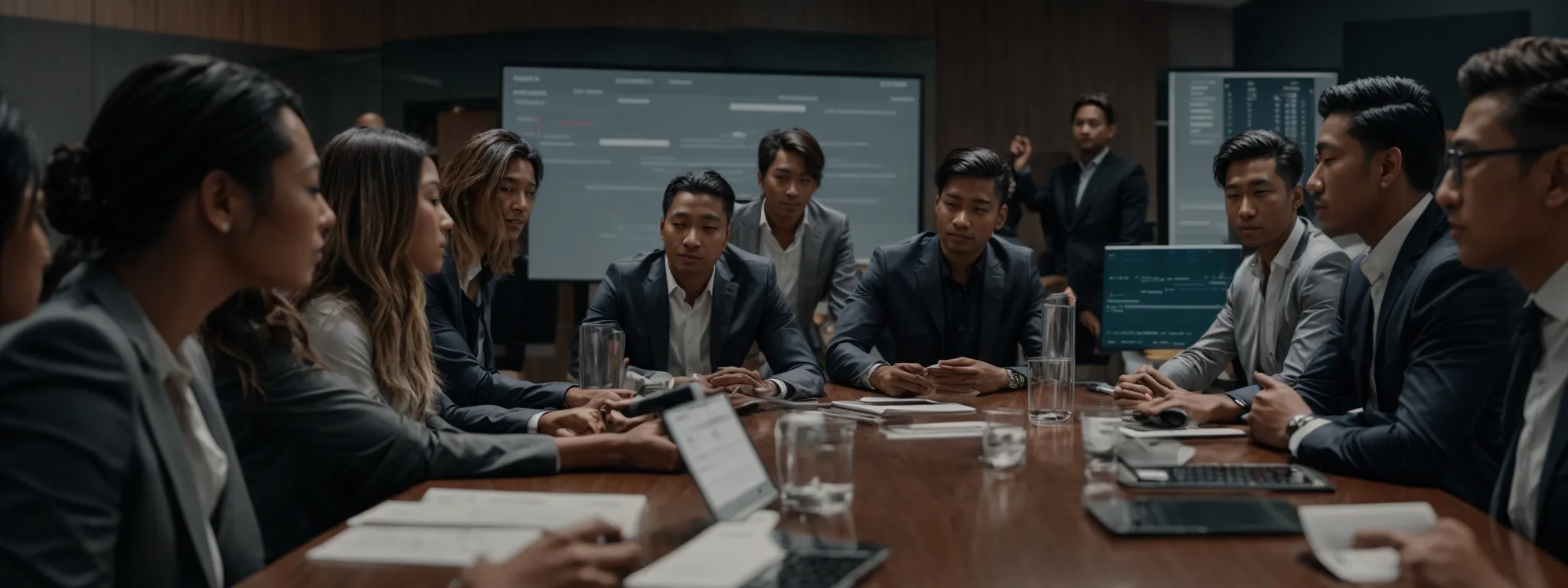 a diverse group of professionals discussing around a conference table with digital marketing analytics displayed on a screen.