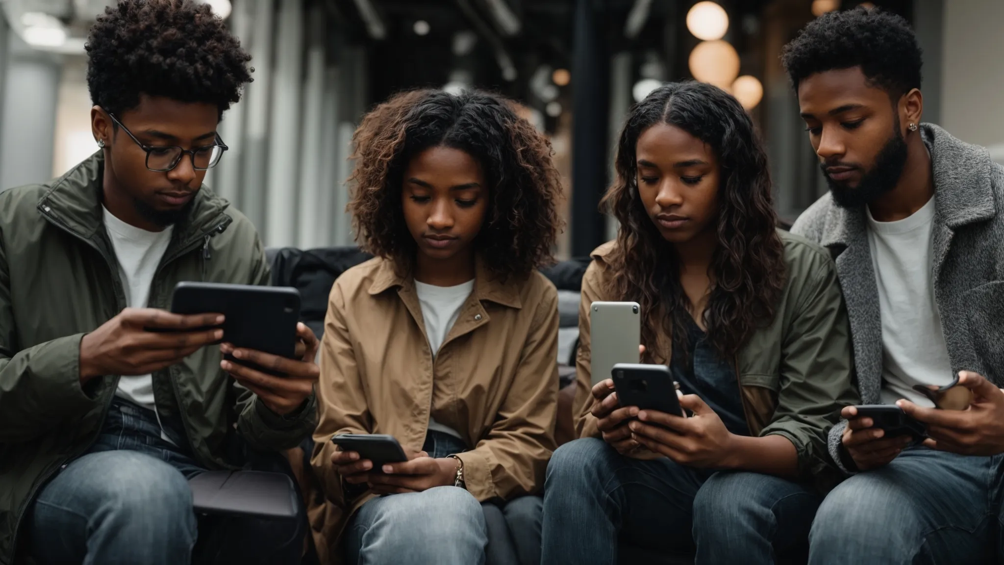 a group of diverse individuals intently focusing on their smartphones and laptops in a modern social setting, symbolizing active engagement with social media platforms.