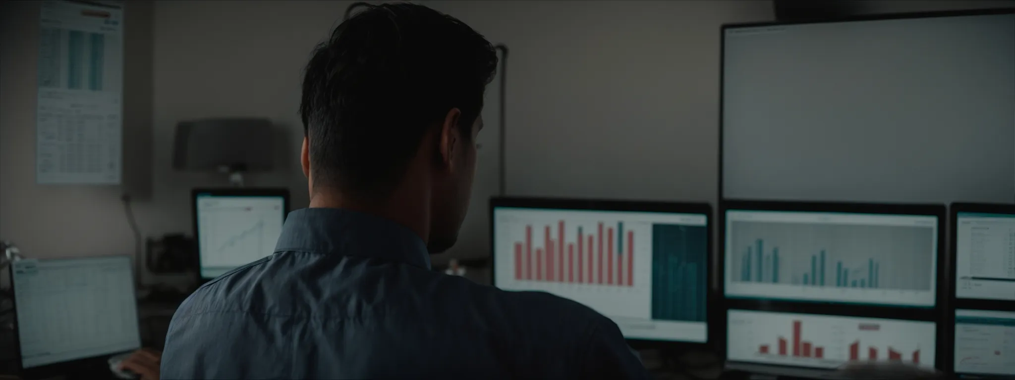 a focused individual scrutinizing graphs and charts on a computer screen in a well-lit office.
