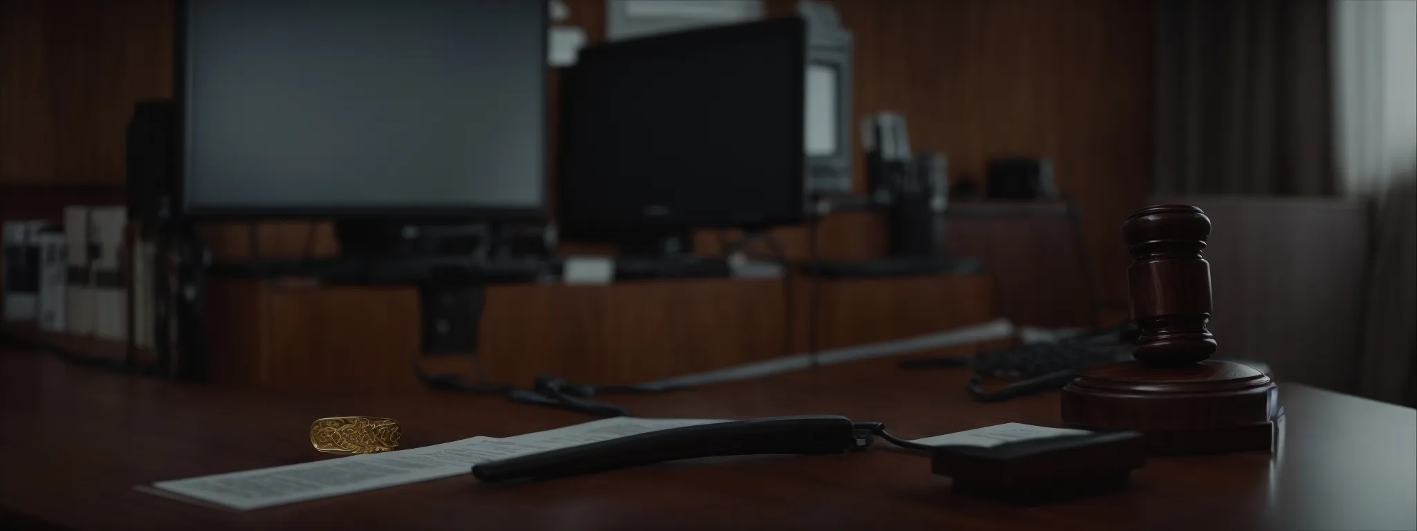 a gavel and a computer on a desk, symbolizing the intersection of law and modern technology.