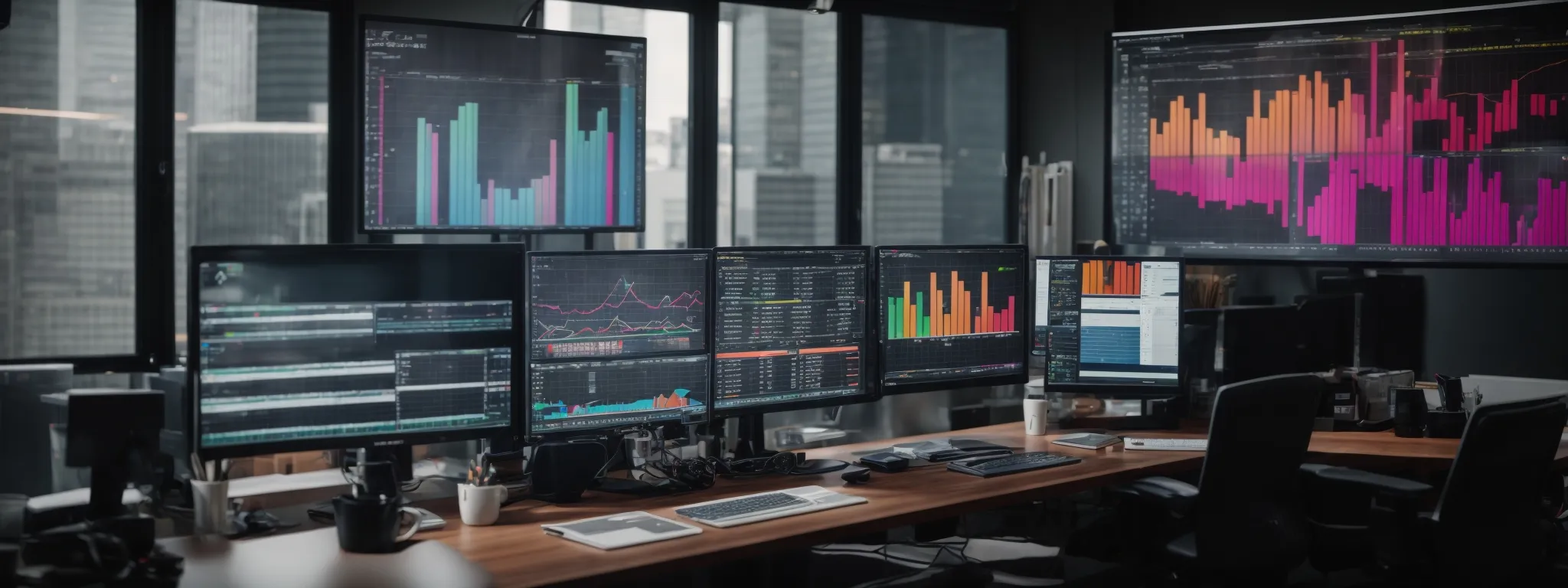 a modern office setup with multiple computer screens displaying colorful charts and graphs analyzing digital marketing trends.