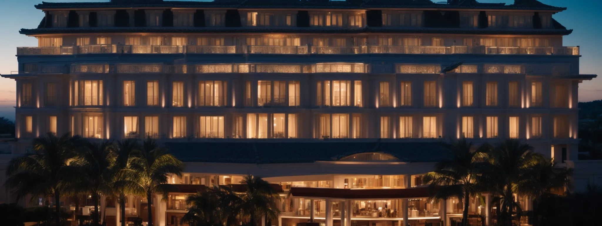 a panoramic view of a luxurious hotel facade gleaming during twilight with a subtle glow from the interior lights.