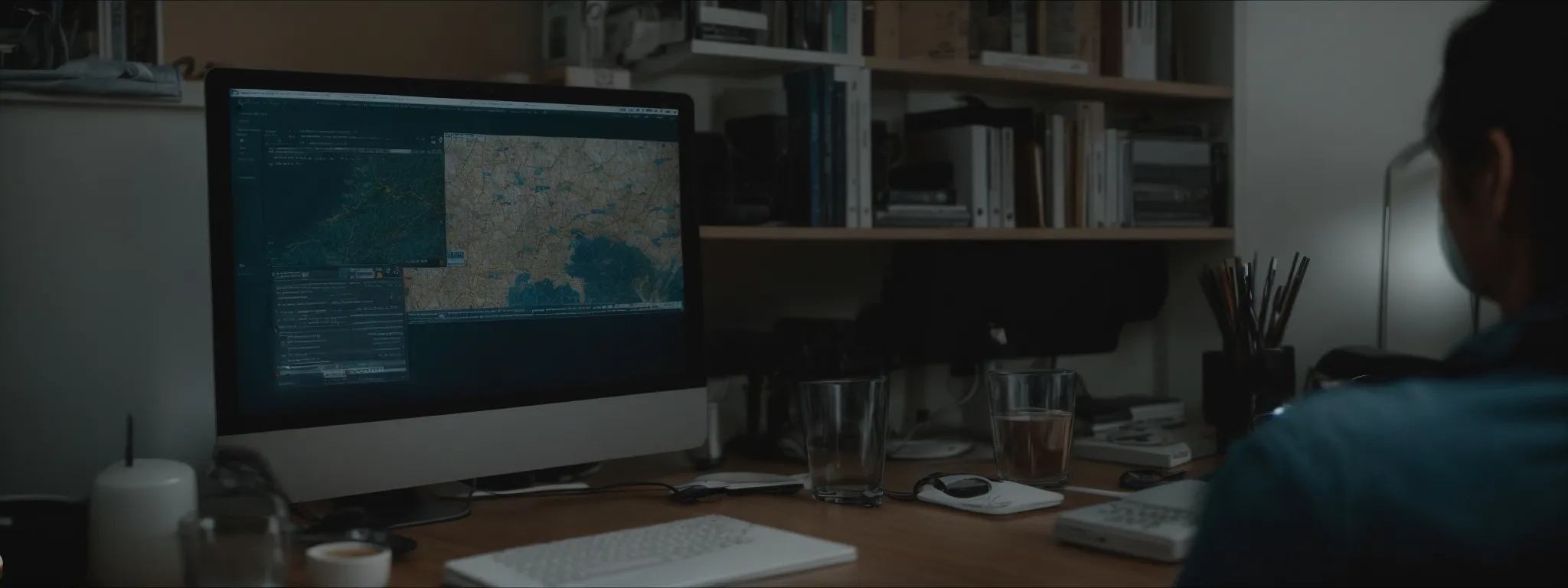 a person sits at a clean desk with a computer, poised to strategically organize an seo-friendly webpage layout.