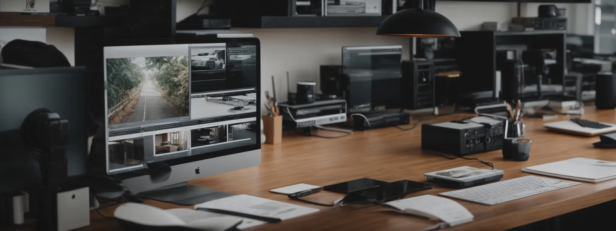 a wide-angle view of a modern workspace, with a computer monitor displaying a clean and responsive wordpress website interface.