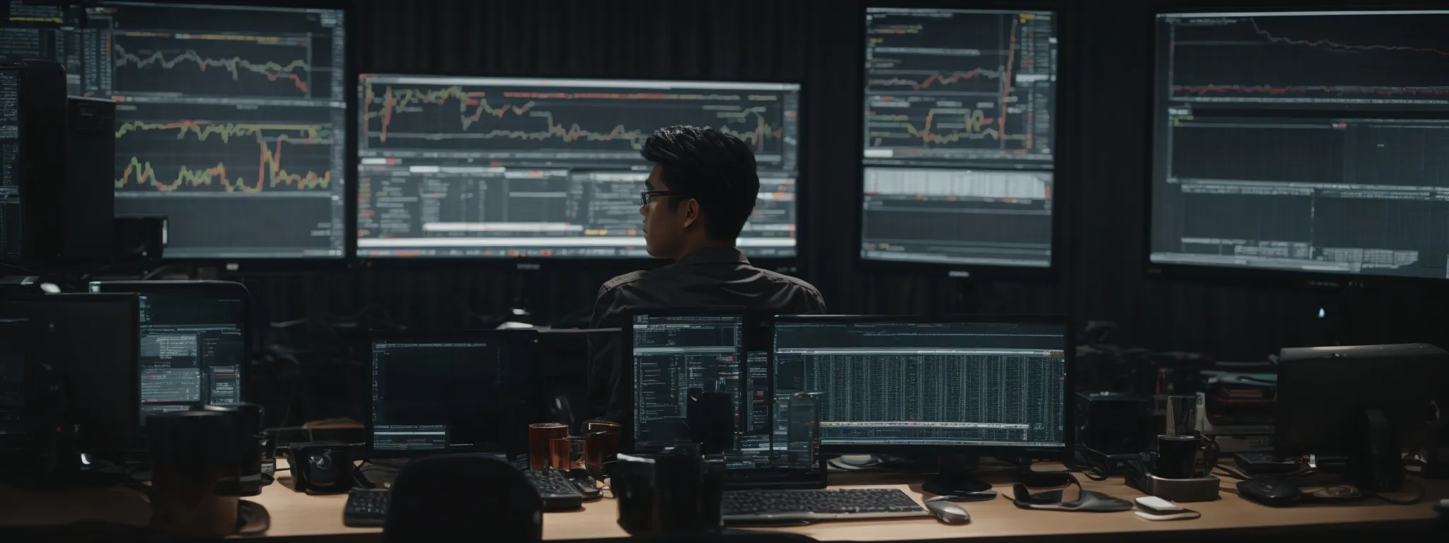 a webmaster sits before multiple computer screens displaying analytics dashboards and website code editors.