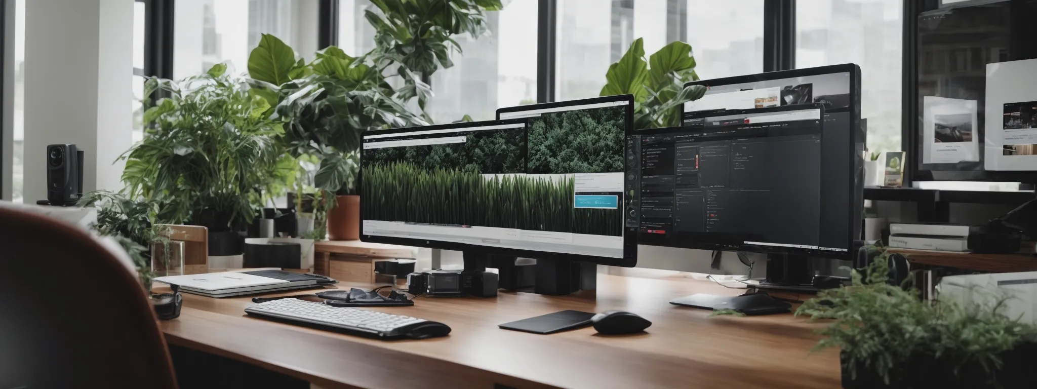 a panoramic view of an orderly modern home office, with a computer displaying a clean wordpress dashboard on the screen, surrounded by technology and flora, symbolizing a productive and seo-optimized workspace.