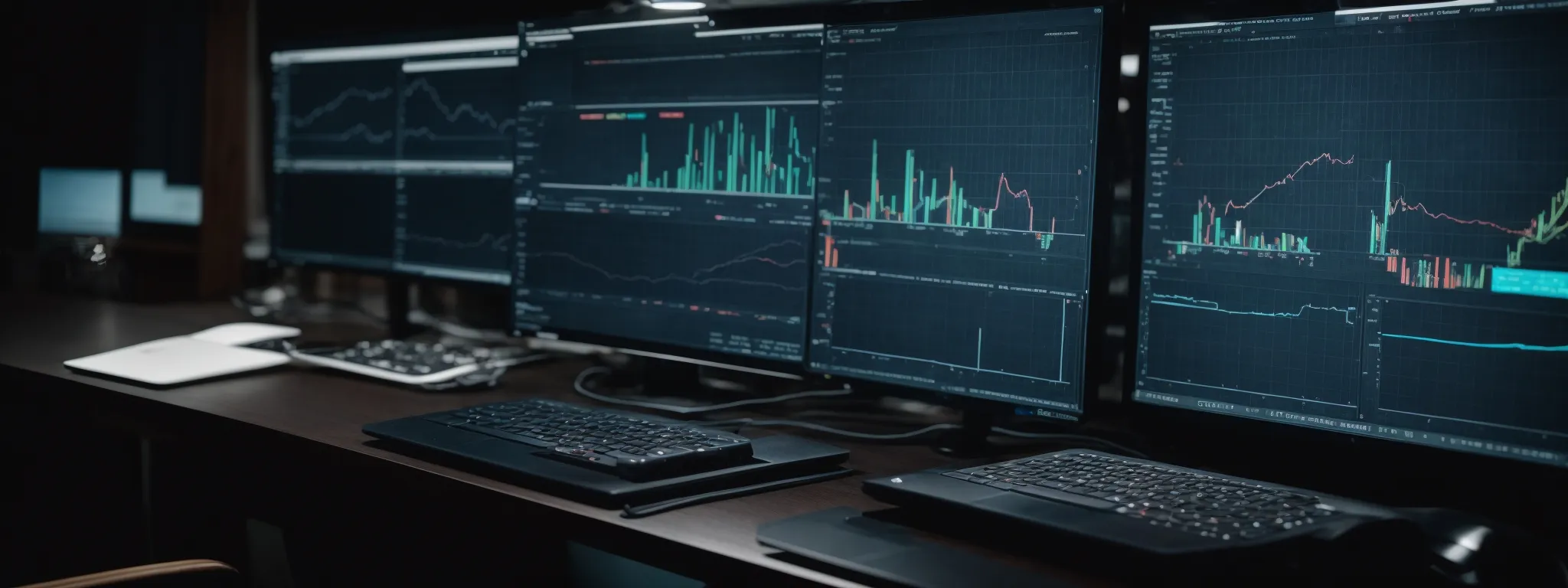 a computer screen displaying intricate data analytics graphs amidst seo tools with a modern, high-tech vibe.