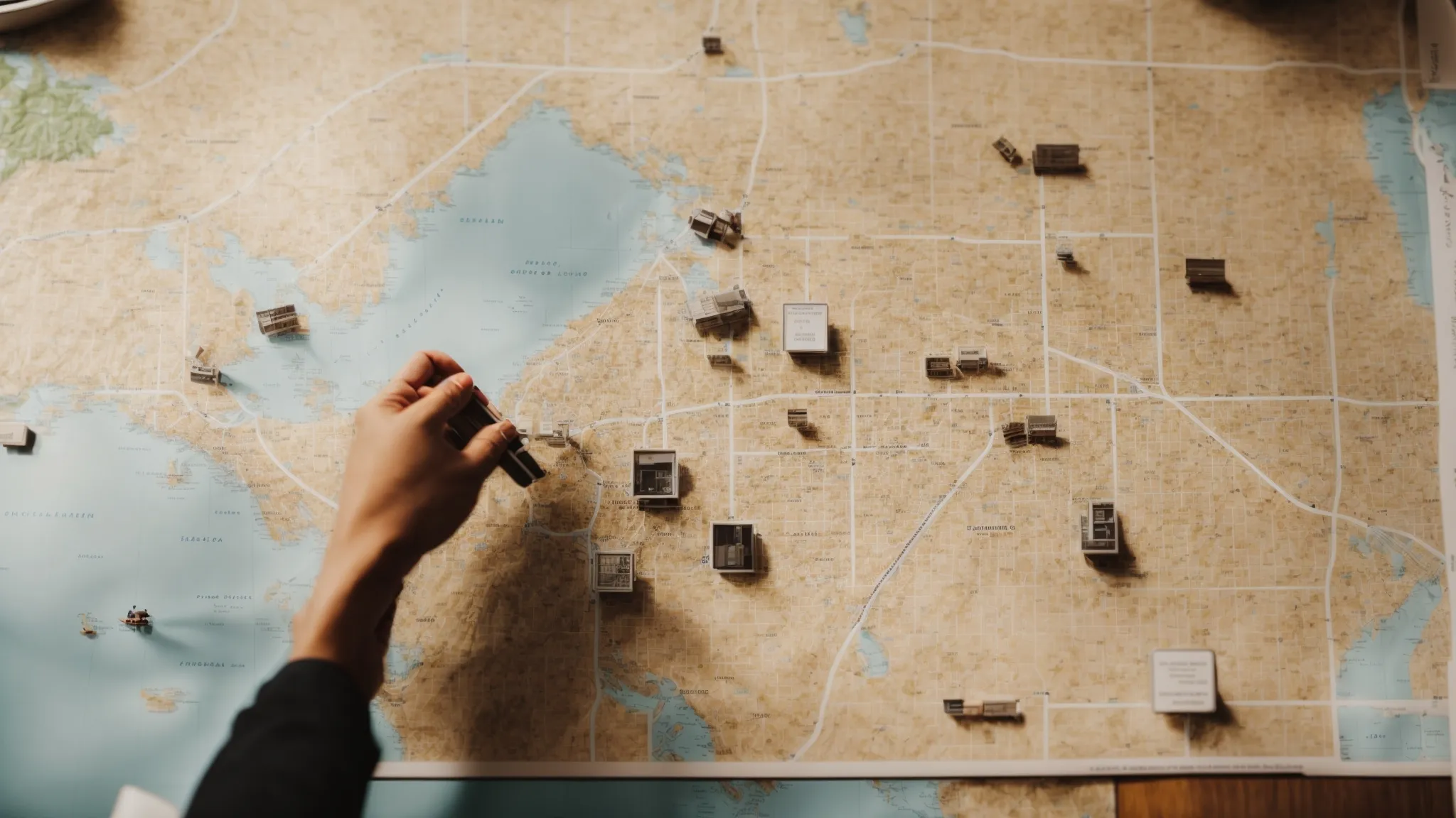 a small business owner points to a map pinned with various local landmarks, symbolizing targeted community presence.