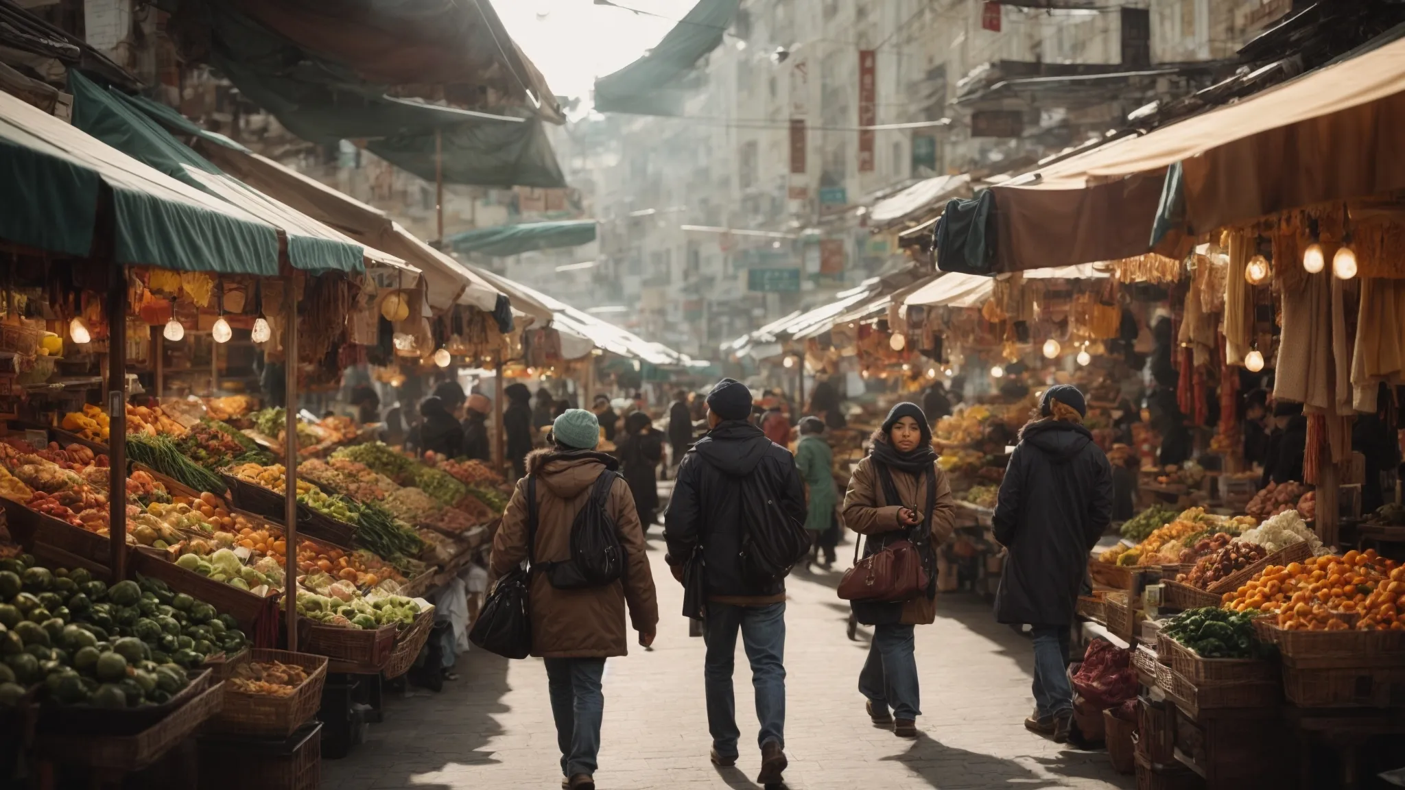 a traveler strolls through a bustling city market brimming with local goods and lively chatter, guided by the localfx app on their phone.