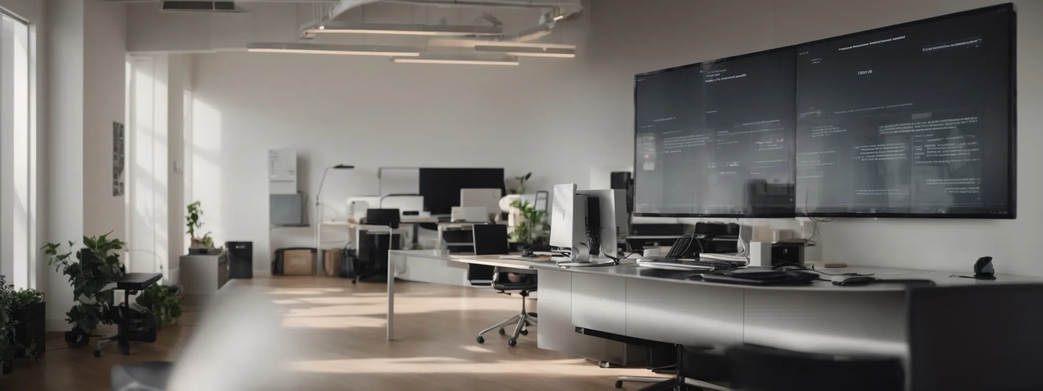 a sleek, modern office space with a single computer showcasing a search engine on its screen, surrounded by a clean, uncluttered environment.