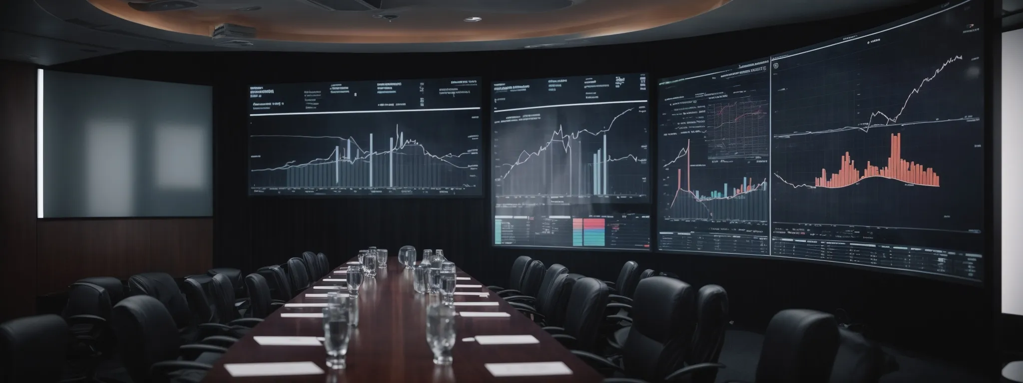 a conference room with an oversized interactive screen displaying graphs and charts during a business intelligence strategy meeting.