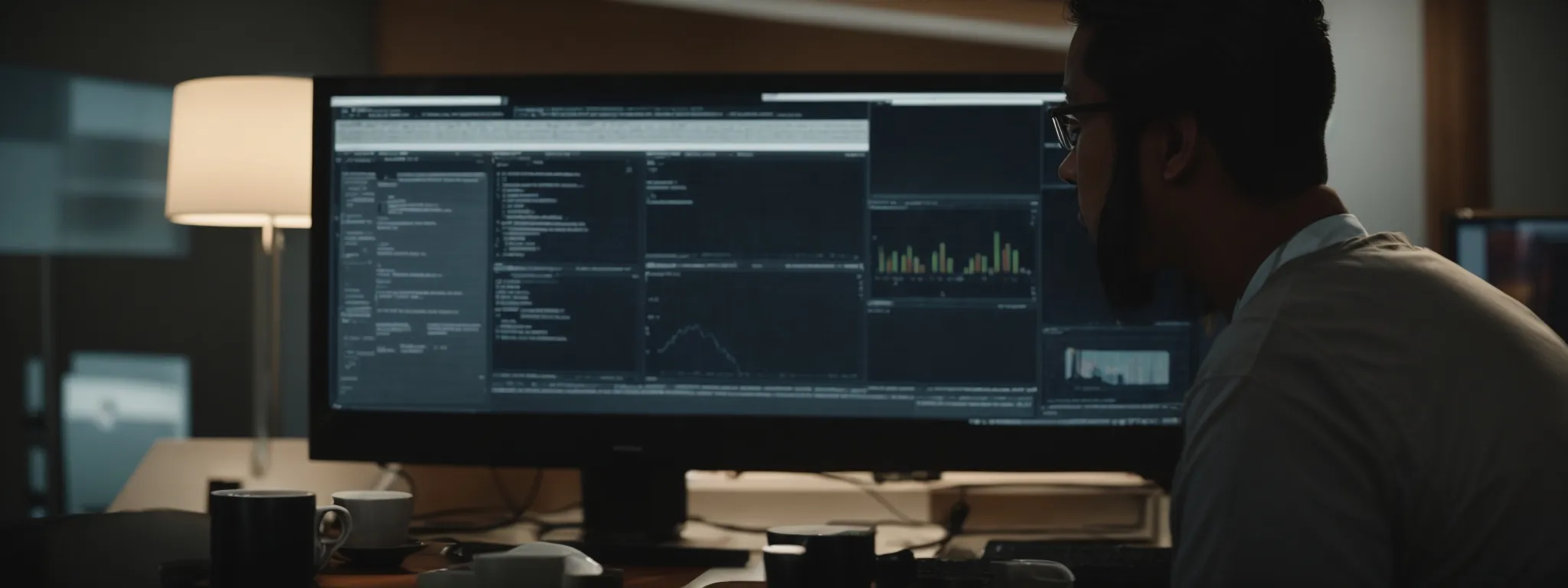 a focused individual in front of a computer screen analyzes a website's seo performance.