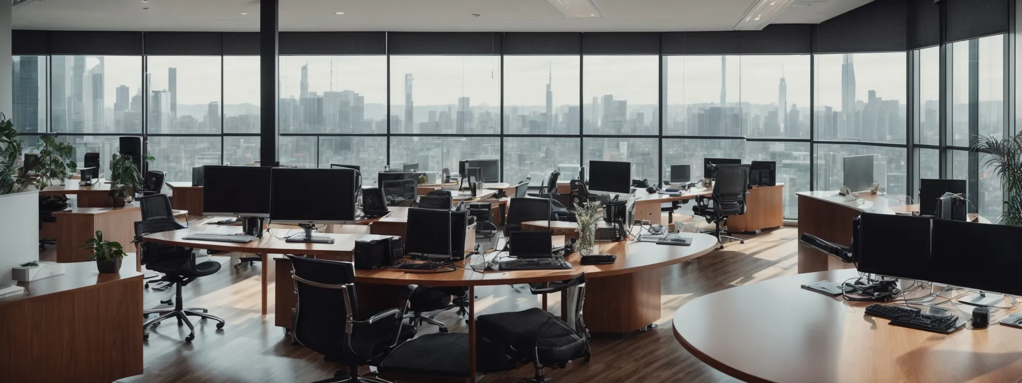 a panoramic view of a modern law office with computers displaying search engine results.