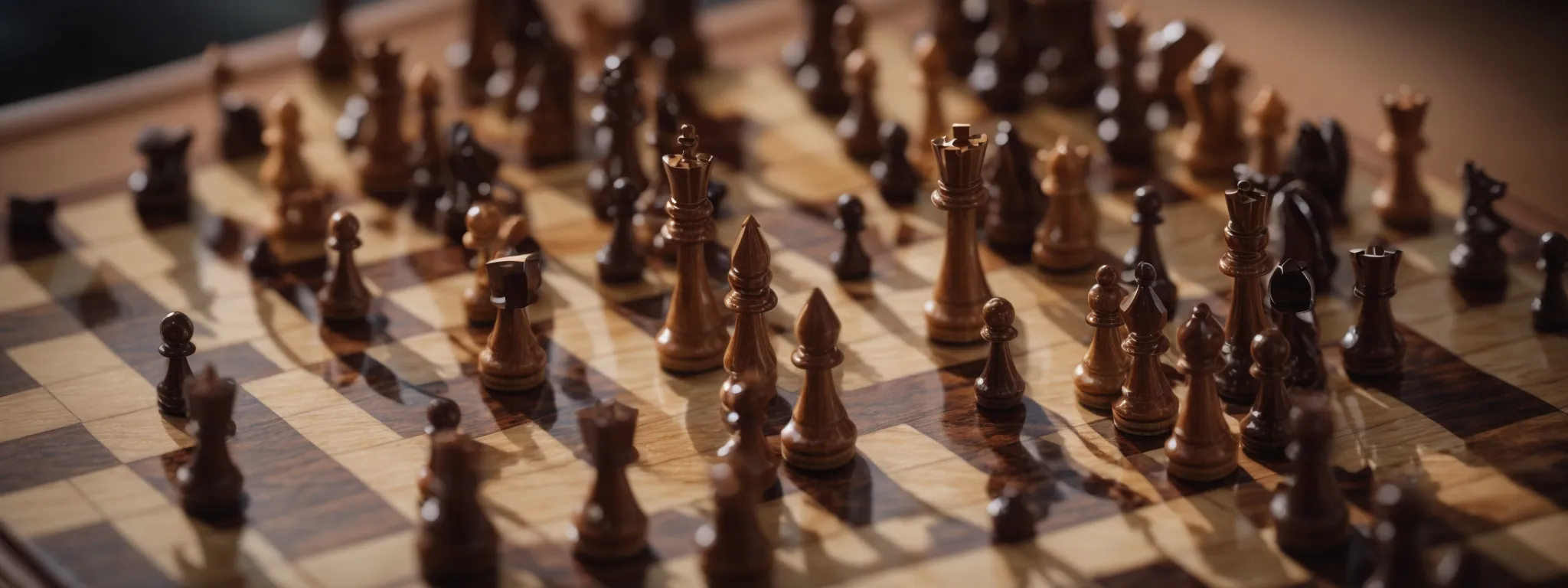 a chessboard with figures positioned mid-game, indicating strategic moves and planning.