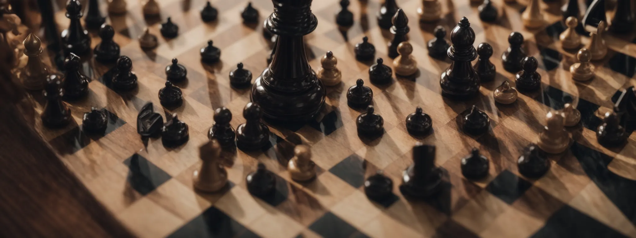 a chessboard with a king piece standing tall surrounded by pawns, symbolizing strategic power and dominance in the game.