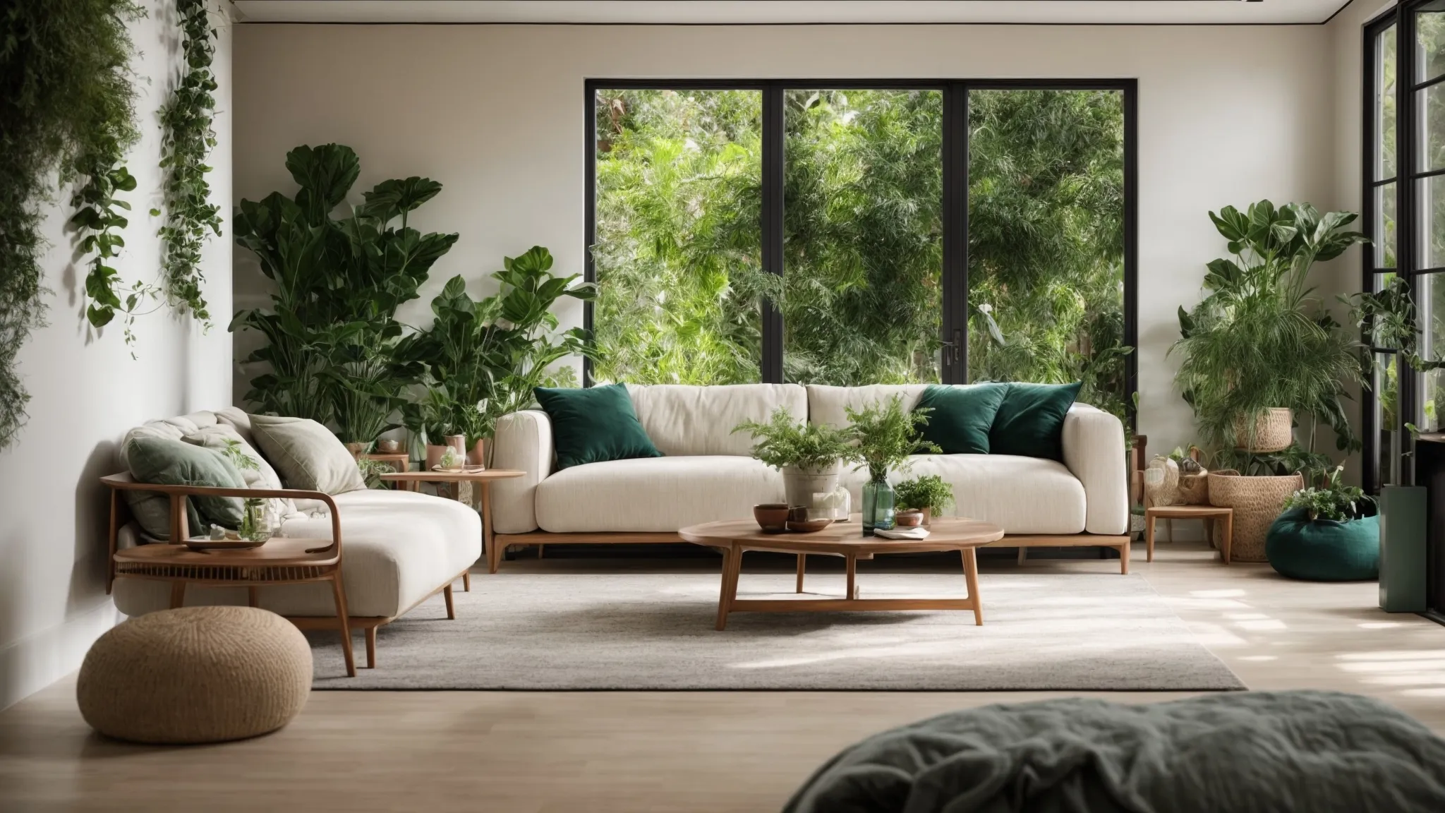 a modern living room decor with bright natural lighting, tastefully arranged furniture, and a prominent display of green plants, ready to be shared on social media.