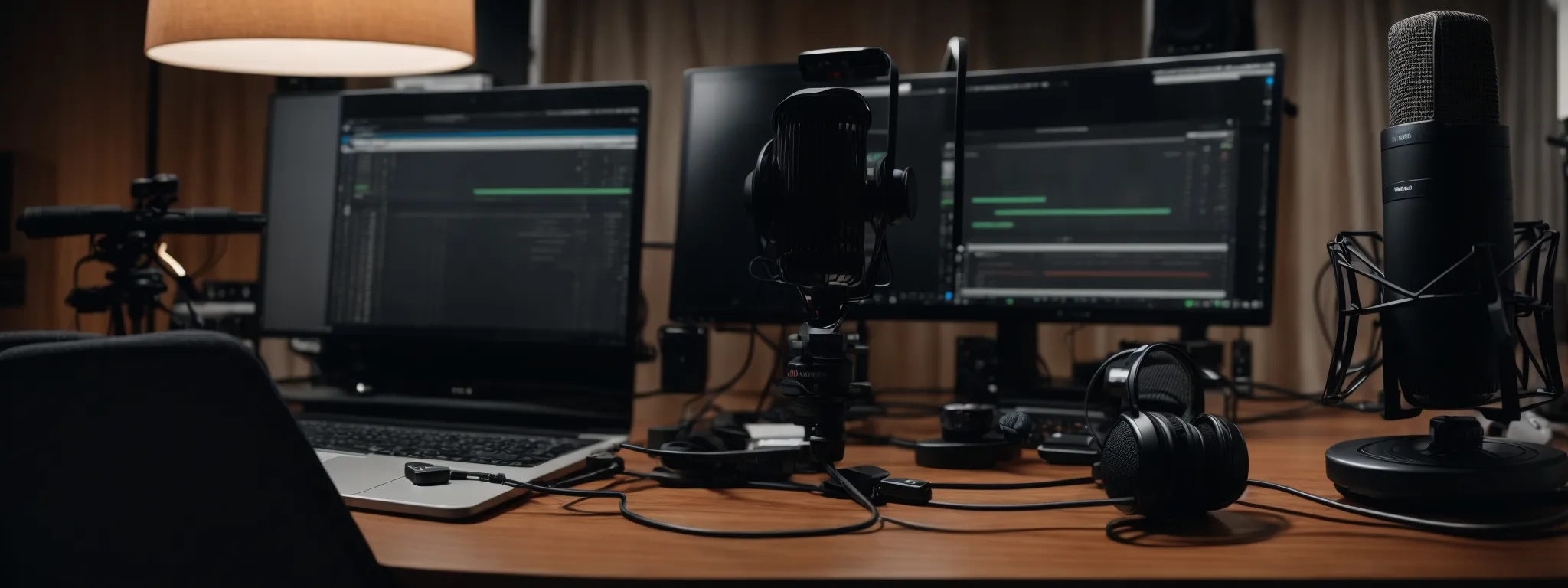 a podcasting studio setup with a microphone and computer, poised to record an seo expert's insights.