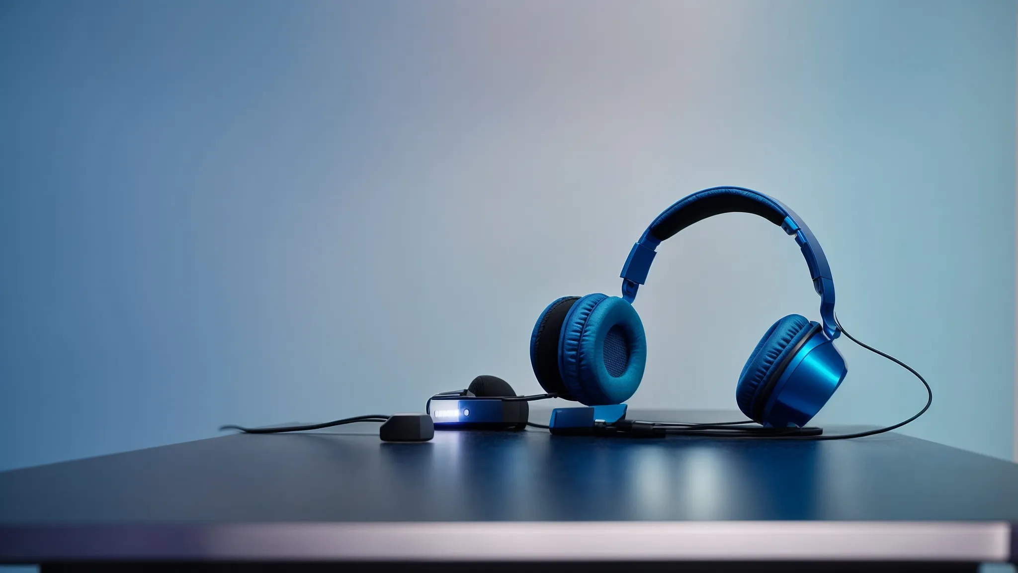 a pair of headphones rests atop a glossy table beside a modern microphone reflecting soft blue ambient lighting, suggesting a high-tech audio recording setup for a podcast discussing microsoft advertising news.