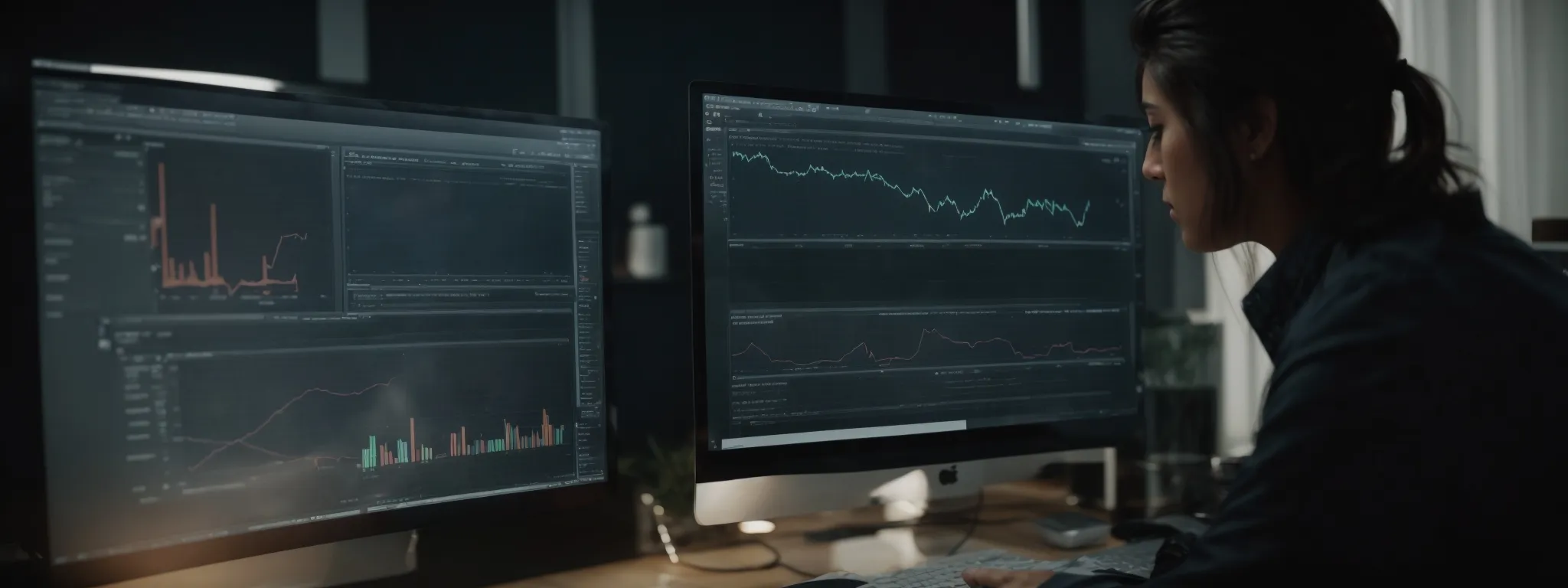 a marketing professional analyzes graphs on a computer screen, optimizing website and email strategies.