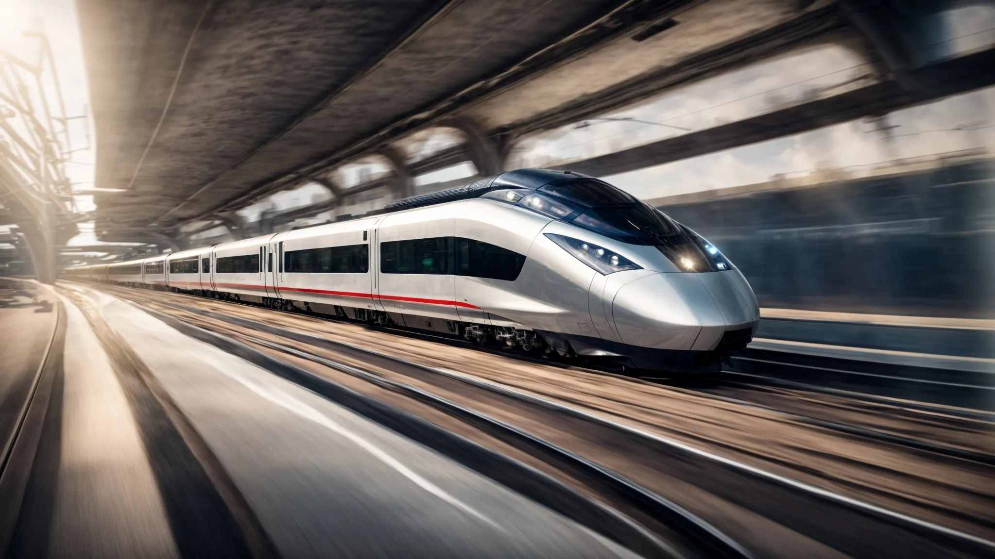 a high-speed train racing smoothly along a sleek, modern railway, embodying streamlined efficiency and cutting-edge technology.