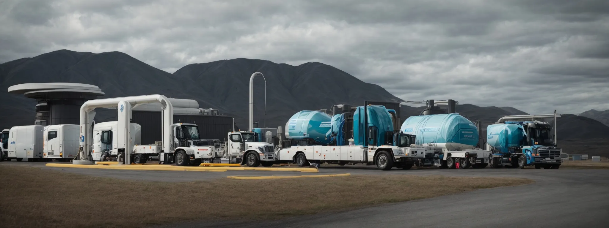 a line of futuristic trucks at a refueling station, each connected to pumps with clear hoses labeled 'biofuel' and 'hydrogen.'