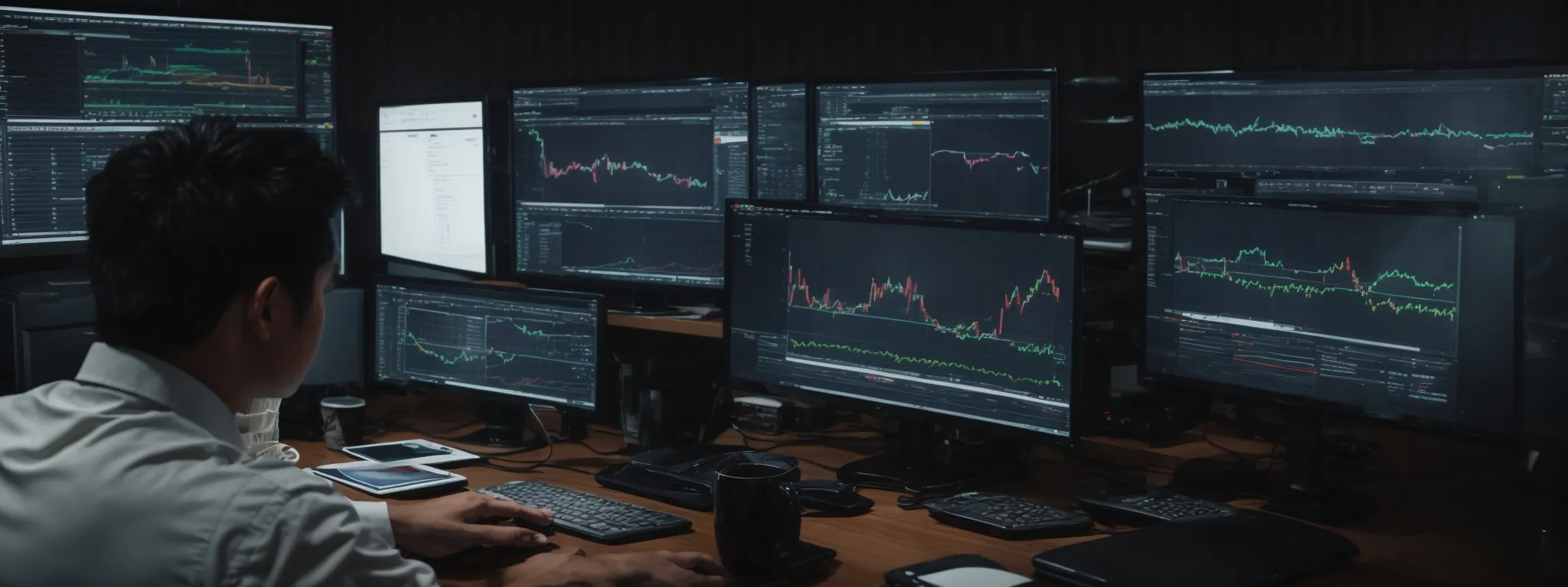 a person seated at a desk with multiple computer screens displaying graphs and analytics tools related to search engine optimization.