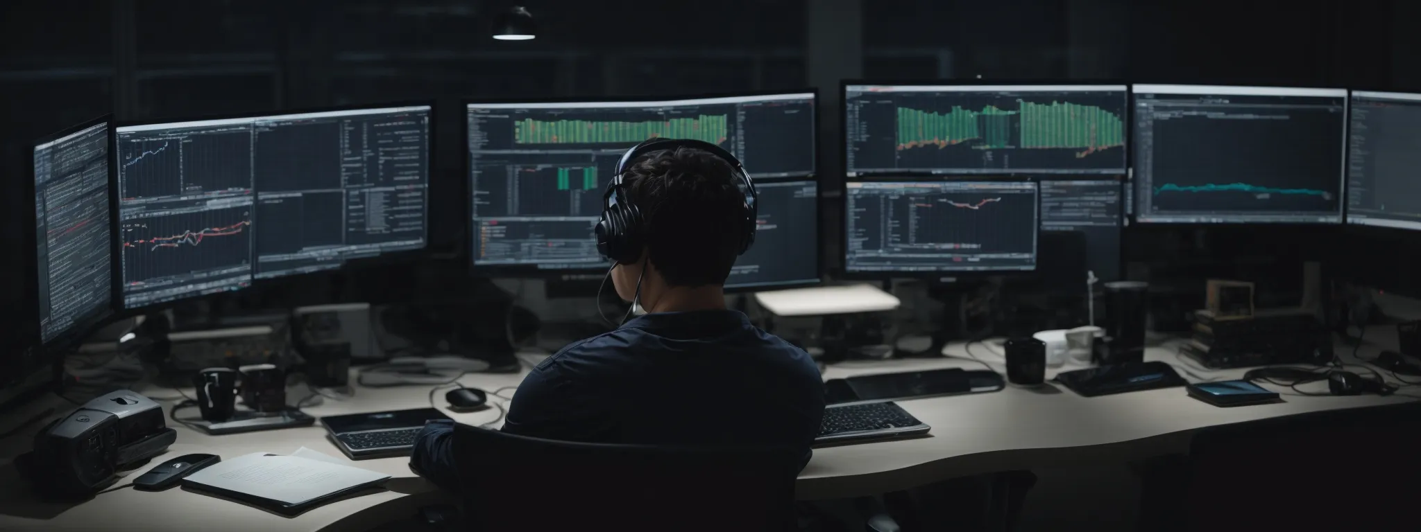 a person sitting at a desk with multiple computer screens displaying website analytics and coding interfaces while wearing a headset.