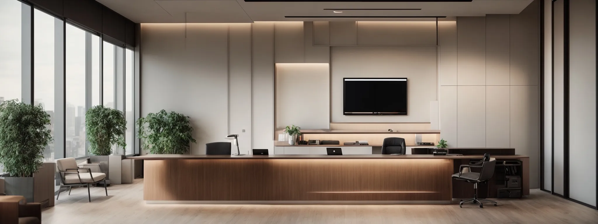 a sleek and modern office reception with a large, welcoming desk and a computer displaying a law firm's professional website.