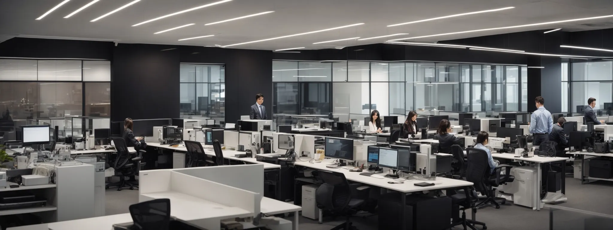 a sleek, modern office with an open-floor plan and employees engaging with sophisticated computer systems.