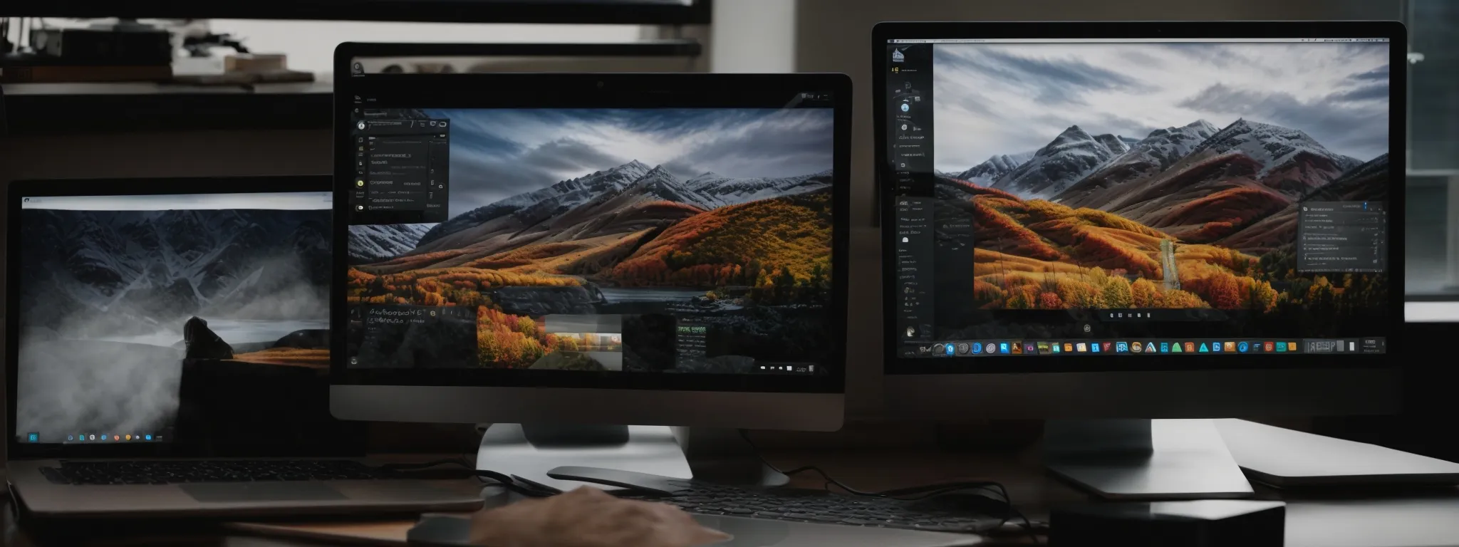 a laptop with video editing software open, nestled between a windows pc and a mac on a desk.